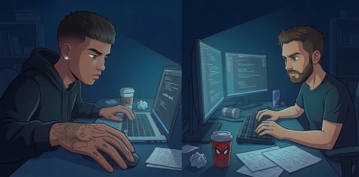 Ilustración de los dos fundadores de Smart CS programando de madrugada